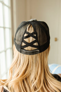 Criss Cross Ponytail Baseball Cap in Black